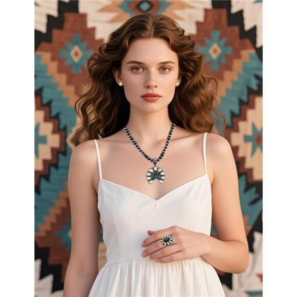 Navajo Pearl Necklace Western Jewelry Set for Women Turquoise Necklace Bohemian - Picture 5 of 6